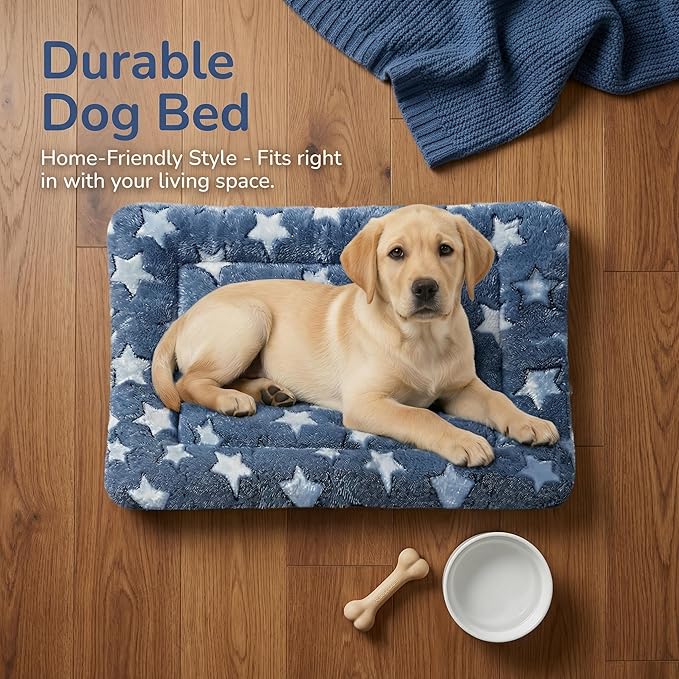 Dog Bed Mat - Reversible Dog Crate Bed Mats, Soft & Breathable Kennel Pad, Durable Crate Bed for Small Dogs & Cats (Navy&Stars, L(35"*23"*1.2"))