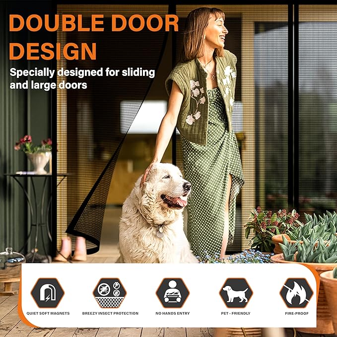 Double Door Fiberglass Magnetic Screen Door，Screen Door Mesh，Keep Bugs Out, Heavy-Duty Mesh Curtain,Pet and Kid Friendly, Works with Front Doors, Sliding Doors（74x80 Inch