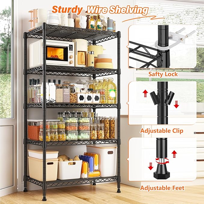 REIBII Metal Shelving 5 Tier Wire Sturdy Storage Shelves Adjustable Steel Organizer Wire Rack for Kitchen Laundry Room Commercial School Storage Room Black 63“Hx 21.65“L x 11.8”D