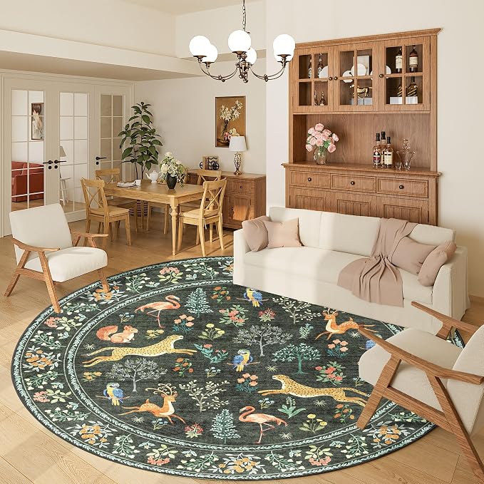 DUKINO 6ft Round Rug for Bedroom, Animal Print Washable Circle Rug