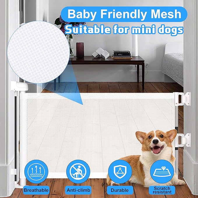 14" H Short Dog Gate - Pet Gates Puppy Gate, Mesh Retractable Step Over Pet Fence, Expands Up to 59" Indoor/Outdoor, Small Dog Gates for Doorways & Stairs