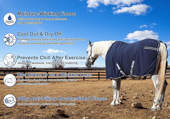 Horse Fleece Cooler, Blanket Liner - 300g Anti-Pilling Fleece, Moisture-Wicking, Cooling & Drying for Post-Workout, Bath & Travel, Prevent Overheating & Chilling Navy 84