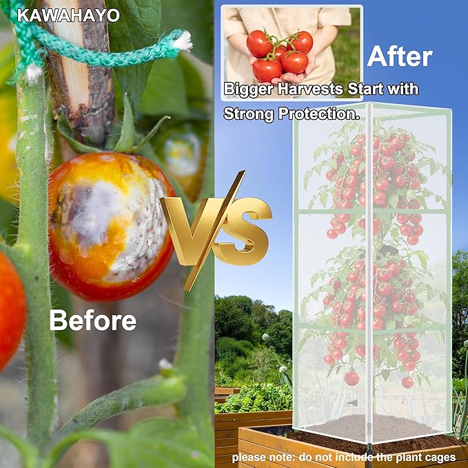Garden Bird Netting Plant Cover for Square Tomato Cage, 59" x 17.7" Insect Barrier Tomato Cage Net with Zipper and Drawstring, Tomato Trellis Netting Protection Cover for Protecting Plant (6 Pack)