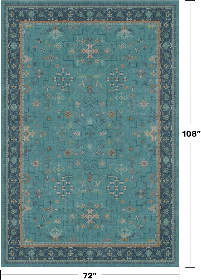 Boho Teal 6x9 Area Rugs for Living Room, Geometric Floral Design Rug for Bedroom