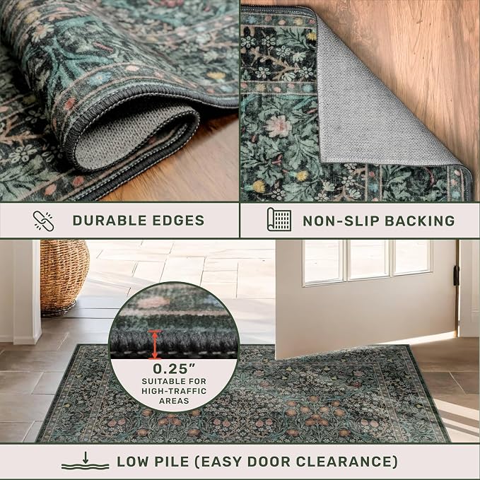 Washable Dark Green Rug for Living Room