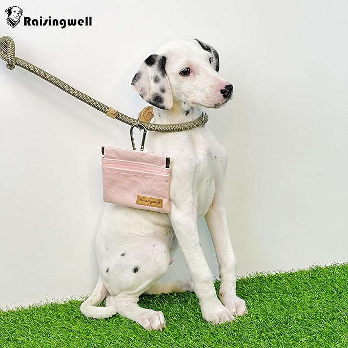 Pocket Sized Pet Training Pouch, Cotton Fabric, Hand Free Dog Walking Bag with Carabiner Self-Closing Pet Feed Snack Reward for Puppy Travel or Outdoor Use (PINK)