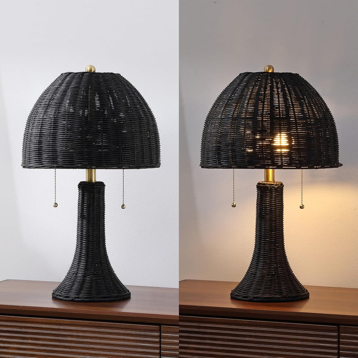 JONATHAN Y Joanie 2-Light Table Lamp 22" Rattan, Black/Brass Gold