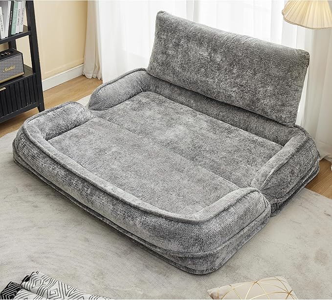 Double Human Dog Bed for Adult and Kids, Comfy Foldable Lazy Floor Loveseat Sofa Bed with 5 Adjustable Position, Upholstered Floor Bean Bag Lounger Chair for Bedroom, Living Room, Office (Gray .)