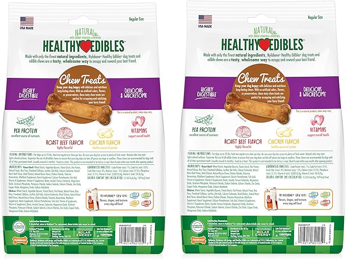 Nylabone Healthy Edibles Natural Dog Chews Long Lasting Roast Beef & Chicken Flavor Treats for Dogs, Small/Regular (24 Count)
