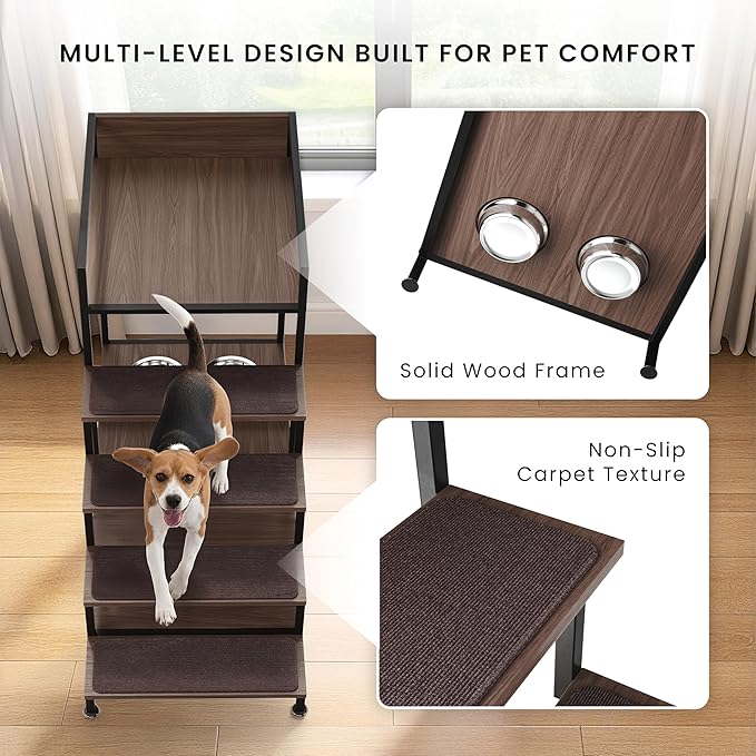Dog Window Perch with Stairs - Multilevel Perch to Look Out Window with 130 lbs Load Capacity - Pet Bunk Bed with Feeding Station & Anti-Slip Carpet (Walnut Color)