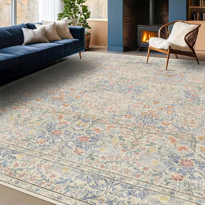 Vintage Washable Beige Blue 10x14 Rug