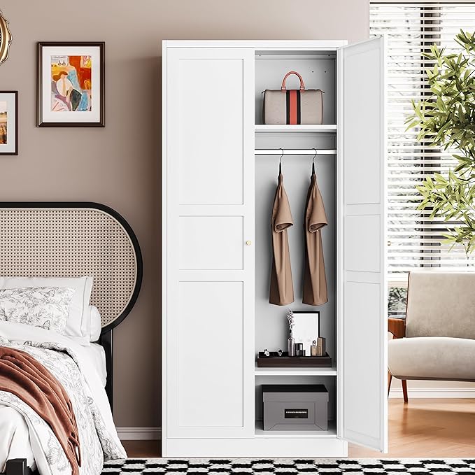 Letaya Wardrobe Armoire Closet,72" H Metal Storage Cabinet with Adjustable Shelves and Hanging Rod,Bedroom Armoire Cabinet Clothes Organizer (White)