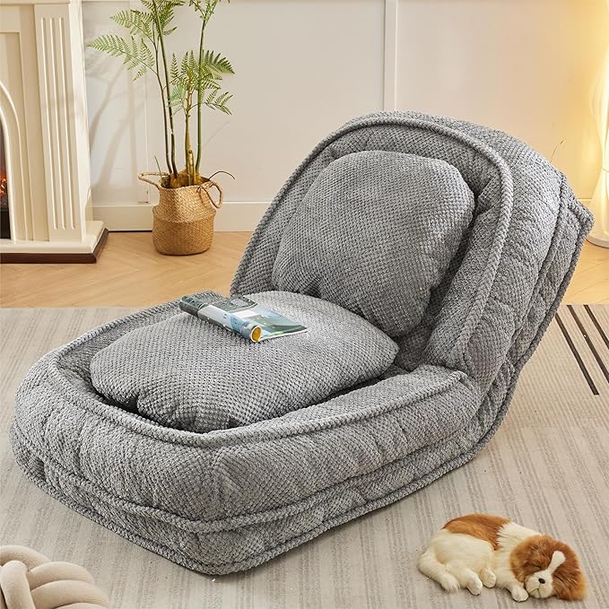 Human Dog Bed for Adult and Kids, Comfy Foldable Lazy Floor Sofa Bed with 5 Adjustable Position, Grey Upholstered Floor Bean Bag Lounger Chair for Bedroom, Living Room,Office (Gray.)