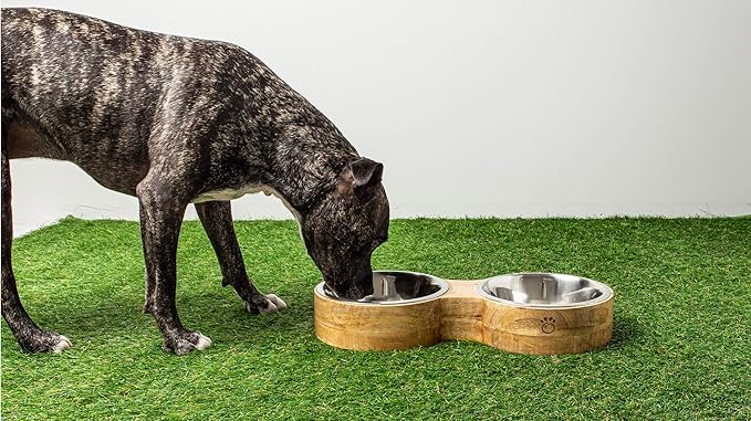 Luxury Elevated Dog Bowl Set - Mango Wood Stand with 2 Stainless Steel Food & Water Bowls - Raised Pet Feeder with Non-Slip Base, Modern Design for All Dog Sizes, Small 10oz