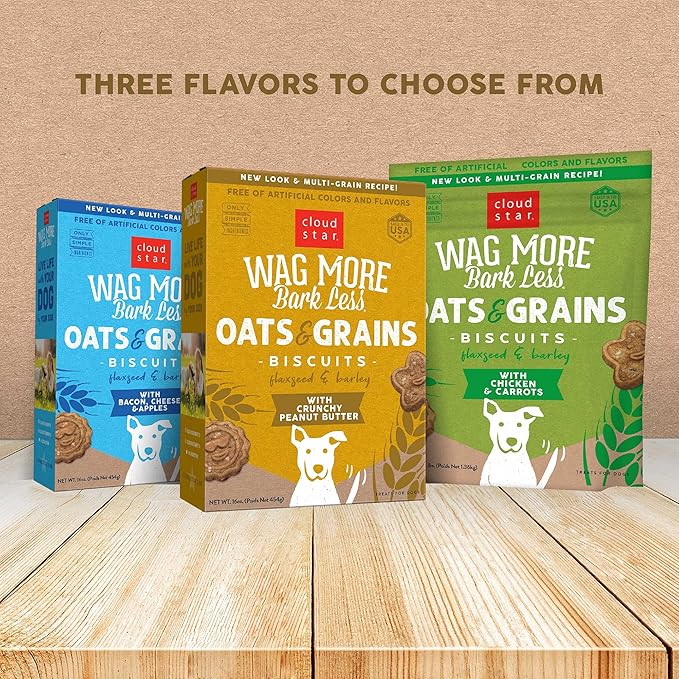 Cloud Star Wag More Bark Less Oats & Grains Crunchy Dog Treats, Peanut Butter, 16 oz. Box (Pack of 2)