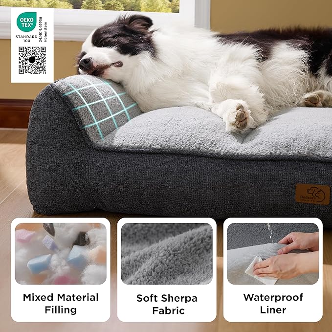 Bedsure SupportMax™ XL Pro Orthopedic Dog Beds Large Sized Dog - Extra Thick Supportive Dogs Couch with Waterproof Washable Cover, Extra Large Comfort Pet Sofa with Sherpa & Nonskid Bottom, Grey, 45"