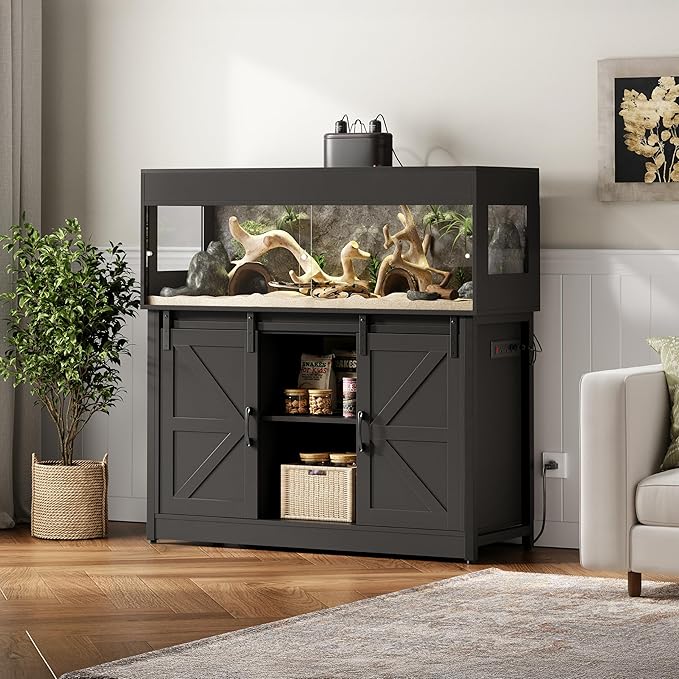 60 Gallon Reptile Terrarium with Stand, Terrarium Enclosure with Acrylic Doors, Storage Cabinet with Barn Door, Mesh Lid & Power Outlet – Vivarium Habitat for Medium Reptiles Black PX05RTB