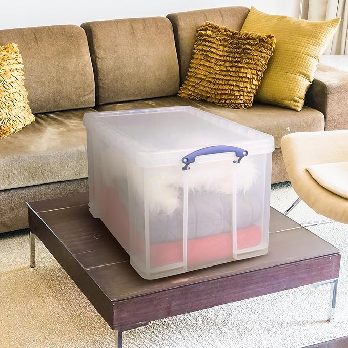 Really Useful Box 84 Liters Storage Container with Snap Lid and Clip Lock Handle for Lidded Home and Item Storage Bins, 4 Pack, Clear