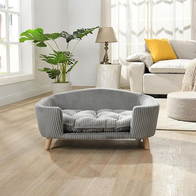 Vinsetto Elevated Dog Bed Frame for Small Dogs, Corduroy Pet Couch with Rubber Wood Legs and Supportive Foam, Easy Assembly, 30.25" L x 21.75" W x 14" H, Gray