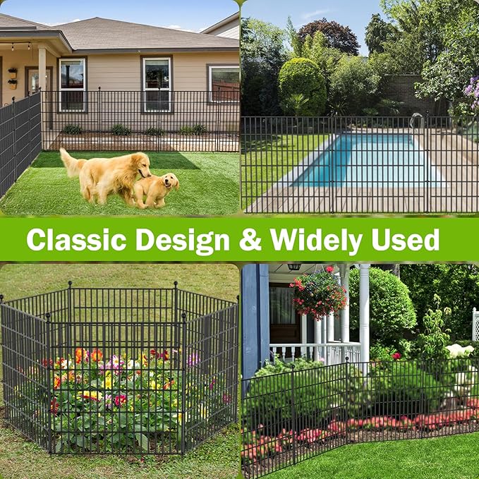 5 Panels No Dig Decorative Outdoor Garden Fence with Gate for Yard, 32 in(H) X 11.8 ft(L) Animal Barrier Fencing Rustproof Metal Wire Panel Border for Dog, Rabbits, and Patio Temporary Ground Stakes