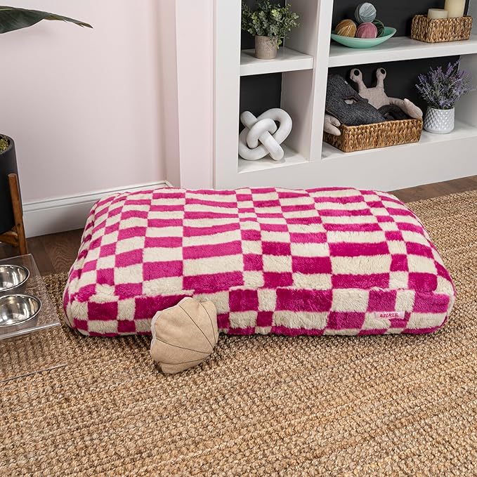 DBD3001H-XL Mabel 49.5" x 31.5" Designer Modern Ultra Soft Reversible Plush Rectangular Pet Bed with Washable Cover, Raspberry Check