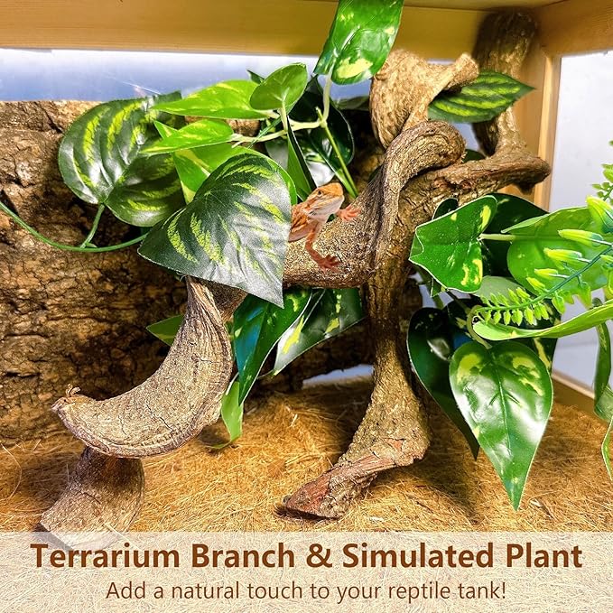 BNOSDM 2Pcs Natural Reptile Climbing Branches Decor,1.3-1.8" Thick Natural Snake Climbing Forest Wood with Plant Leaf Decor,Lizard Forest Branch,Geckos Tank Tree Trunk Accessories for Bearded Dragons
