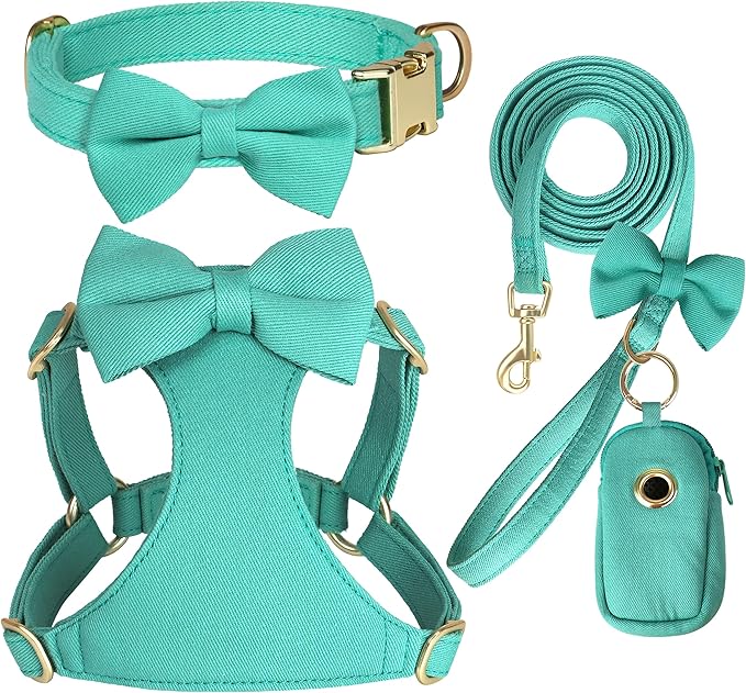 Beirui Adorable Small Dog Harness Collar and Leash Set,Cute XXS Puppy Harness Set with 3 Bows for Tiny Dogs,Chihuahua,Adjustable Step-in Vest for Daily Walking,Parties&Holiday Outfits(Teal,XXS)