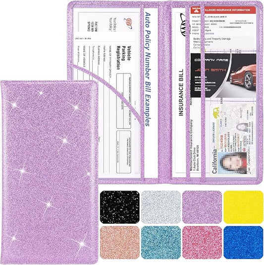 Car Registration and Insurance Holder, Leather Magnetic Shut Vehicle Glove Box Organizer for Document, Card, Driver License, Glitter Purple