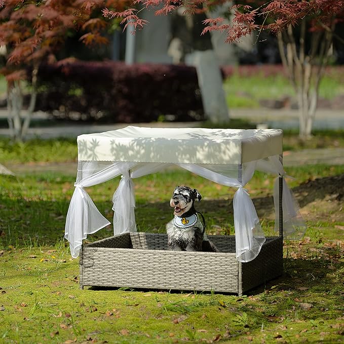 Dog Bed Outdoor Patio Furniture, PE Wicker Pet Bed with Metal Frame and Curtain, Elevated Cozy Pet Enclosure for Indoor Outdoor Use, 35.8" W x 28" D x 31.9" H, Black