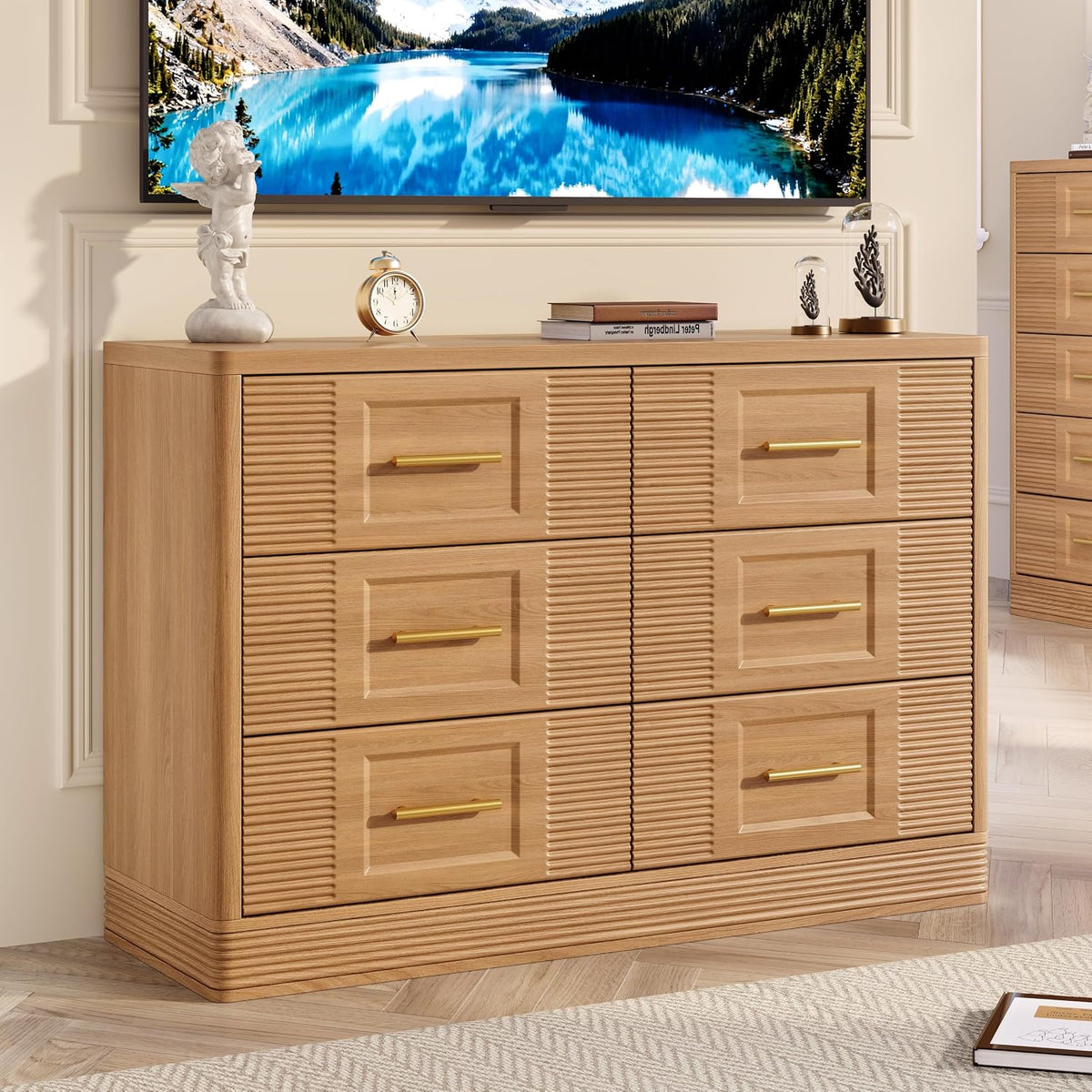 RECHHX 6 Drawer Dresser for Bedroom,Nature Oak Wooden Wide Chest of Drawers