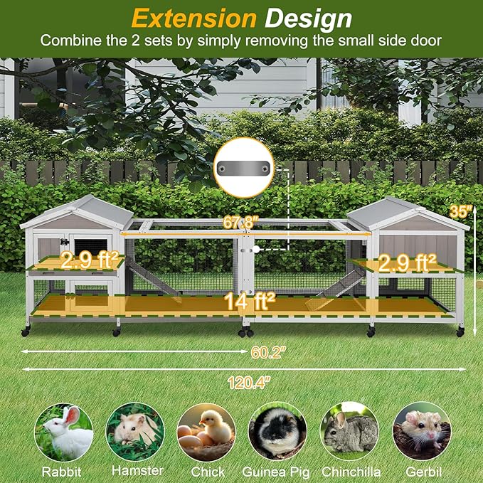 PetsCosset Rabbit Hutch Outdoor Indoor Bunny Hutch with Run 2-Story Large Rabbit Cage on 6 Wheels, 3 Leak Proof Trays, Ramp, Waterproof Roof for Small to Medium Animals, Expandable Design