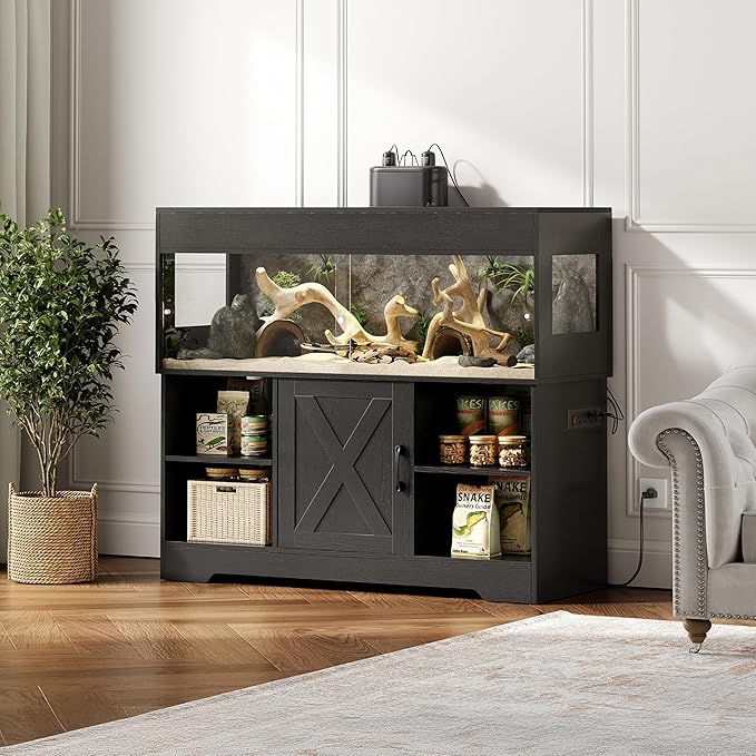 60 Gallon Reptile Tank with Stand, Terrarium Tank with Storage Cabinet, for Lizards, Skinks, Snakes, Sliding Acrylic Doors, Mesh Top, Built-in Power Outlet Black PX02RTB