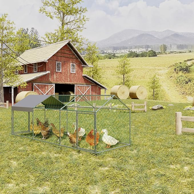 Metal Chicken Coop Run,Outdoor Walk-in Cage Peak Hen House with Waterproof and Anti-Uv Cover,Spire Roof Hen House with Security Lock for Outdoor,Backyard and Farm, 9.8 x 3.3 x 3.3 ft