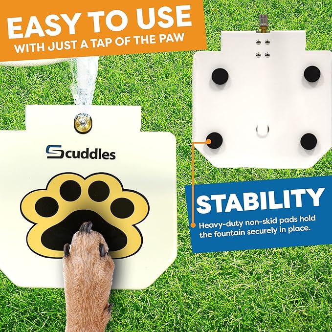 Scuddles Outdoor Dog Water Fountain – Step-On Dog Sprinkler Toy with Stainless Steel Hose, Brass Valve & Non-Slip Base – Automatic Pet Water Dispenser for Dogs, Easy to Use & Clean