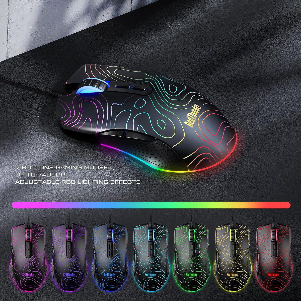 RedThunder K10 Wired Gaming Keyboard & Mouse Combo with Wrist Rest, Adjustable RGB Mechanical Feel Anti-ghosting Keyboard + 7D 7200 DPI Mouse+Soft Leather Wrist Rest for PC Gamers (Black Lines)