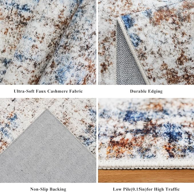 3x7 Washable Non-Slip Kitchen Runner Rug – Modern Abstract Neutral Beige & Gray