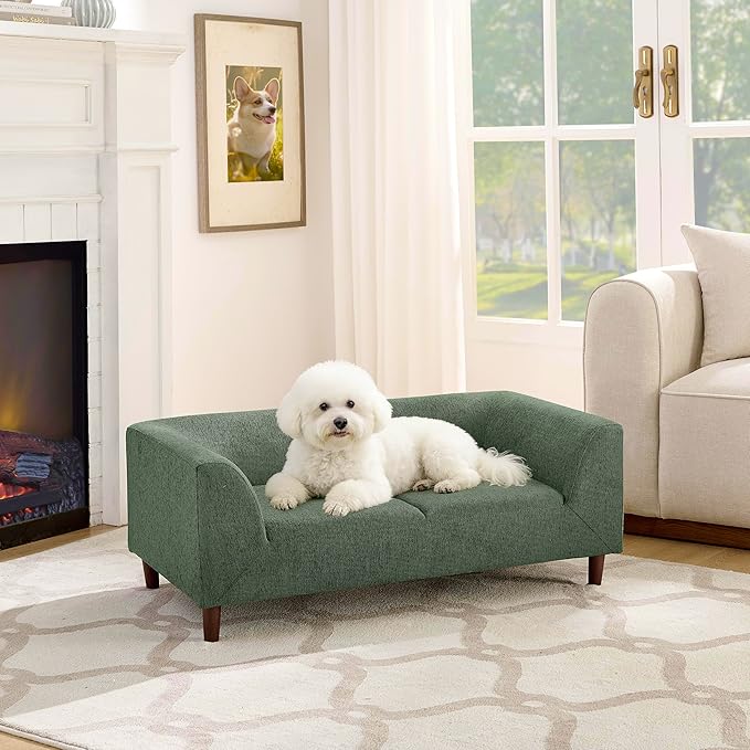 Pet Sofa with Backrest and Armrests,Modern Rectangular Pet Sofa Suitable for Small and Medium Dogs,Soft Cushion Comfortable Dog Sofa for Living Room,Olive Green