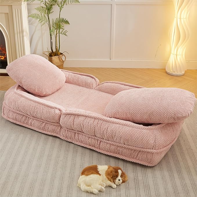 Human Dog Bed for Adult and Kids, Comfy Foldable Lazy Floor Sofa Bed with 5 Adjustable Position, Pink Upholstered Floor Bean Bag Lounger Chair for Bedroom, Living Room,Office (Pink.)