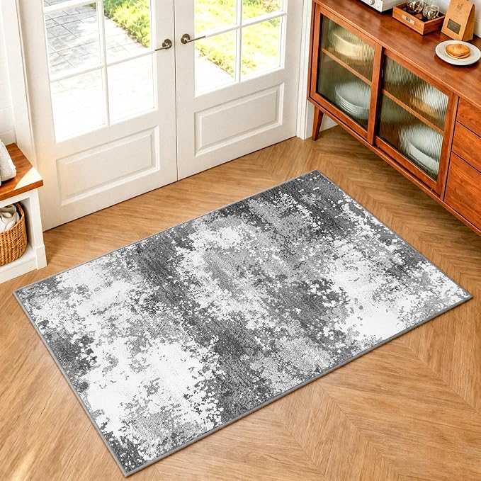 3x4 Washable Porch Rug Grey Front Door Welcome Mat 36x48, Indoor Outdoor