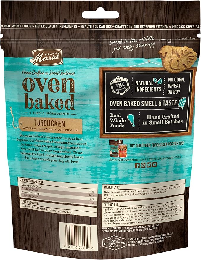 Merrick Oven Baked Natural And Crunchy Bag Of Treats, Turducken Recipe With Real Turkey, Duck, And Chicken - 11 oz. Bag