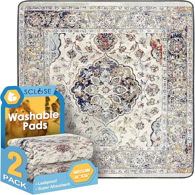 Washable Pee Pad for Dogs 2 Pack, 36" x 36" Reusable Puppy Pads Waterproof Dog Rugs, Super Absorbent, Leakproof, Dog Crate Pad, Playpen Mat, Whelping Pads, Vintage Medallion