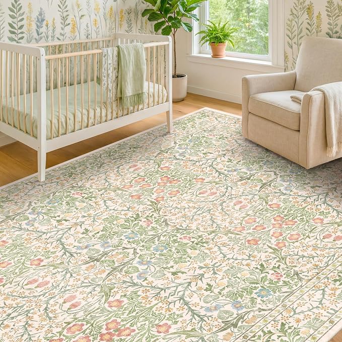 Washable Beige Green 5x8 Area Rug