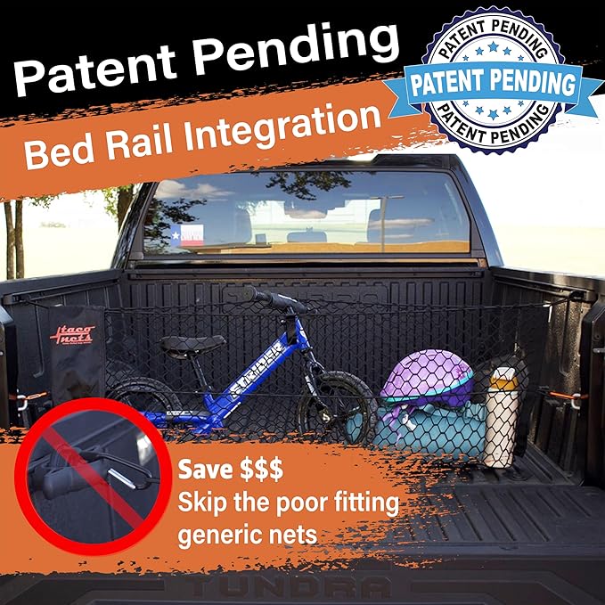 Envelope Cargo Net for Toyota Tundra - Fits 2007-2025 - Patented Bed Rail Integration - Upgraded 5mm Bungee - Integrated Storage Bag - Heavy Duty Carabiners - Designed in USA