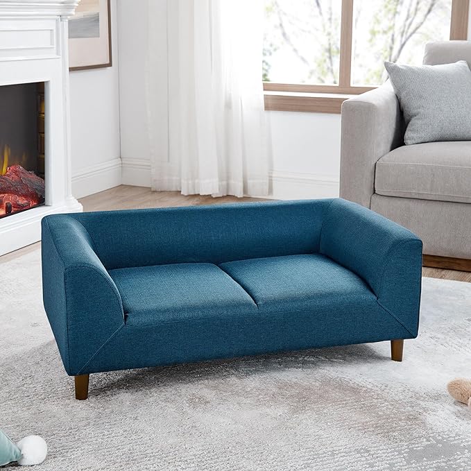 Elevated Dog Couch Bed for Medium Large Dogs, Modern Pet Sofa with Backrest & Armrest, Durable Dog Bed Sofa with Soft Cushion, Solid Wood Legs (Blue)