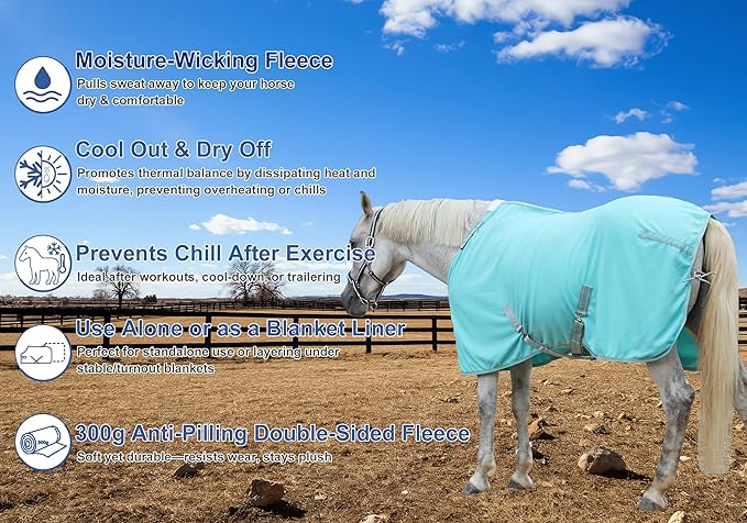 Horse Fleece Cooler, Blanket Liner - 300g Anti-Pilling Fleece, Moisture-Wicking, Cooling & Drying for Post-Workout, Bath & Travel, Prevent Overheating & Chilling Mintgreen 66