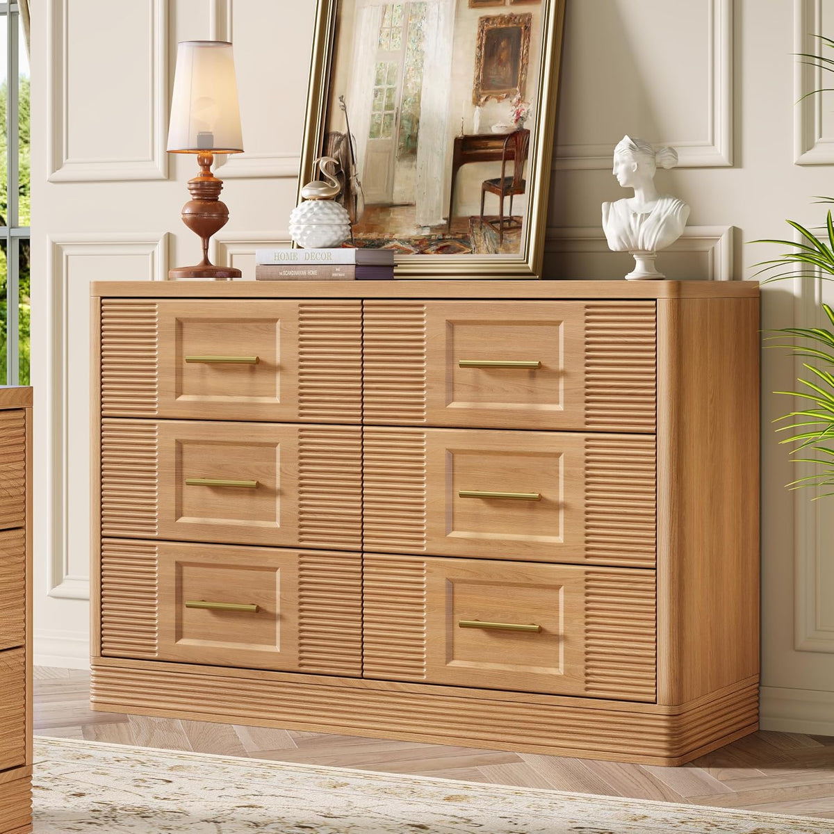 RECHHX 6 Drawer Dresser for Bedroom,Nature Oak Wooden Wide Chest of Drawers