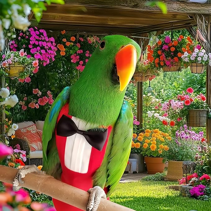 Bird Diapers with Bow Bird Harness Tuxedo Flight Suits with 80in Flying Leash Parrot Nappy with Waterproof Inner Layer Urine Wet Suite for Cockatiel Conure Parakeet Macaw Budgie-Red,S