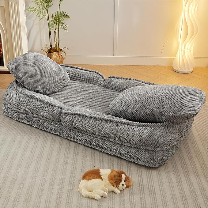 Adjustable 5-Position Human Dog Bed for People, Big Comfy Plush Floor Gaming Lazy Sofa Chair with Pillows & Back Support, Foldable Lounge Loveseat Couch for Living Room Bedroom (Gray)