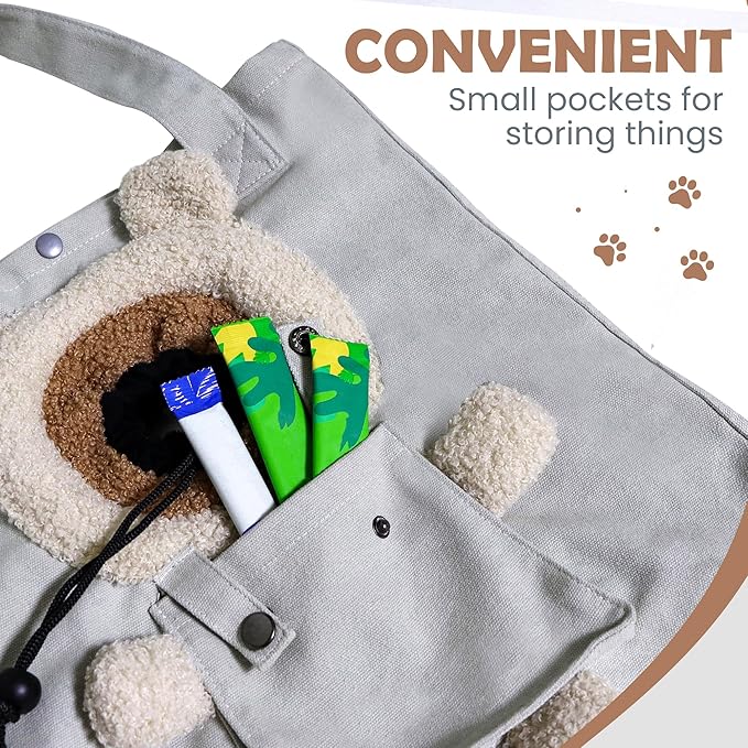 Pet Canvas Shoulder Carrying Bag, Cute Grey Bear Shaped Cat Carrier, M Size Portable Kitten & Puppy Tote, Comfort Carriers for Small Dogs, Cats, and Pets, Handbag for Outdoor, Shopping, and Camping