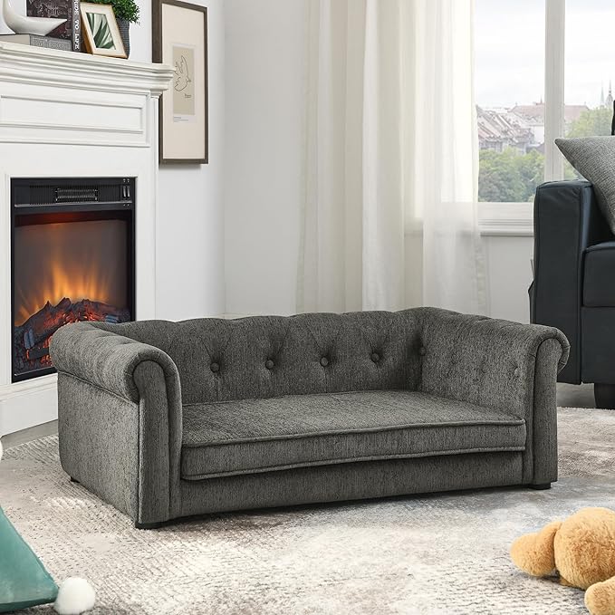 38.9" Elevated Dog Sofa with Button‑Tufted Backrest & Rolled Armrests, Pet Couch Bed with Removable Soft Cushion, Comfortable Upholstery Raised Dog Bed with Thick Padding for Living Room,Bedroom